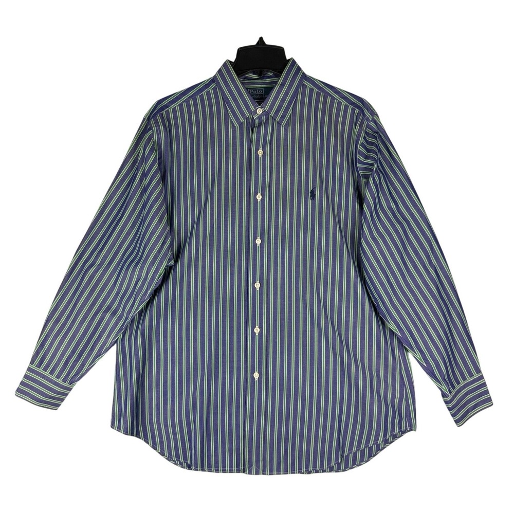 Polo Ralph Lauren Andrew Shirt Mens 16 32/33 Blue Green Striped Cotton Button Up